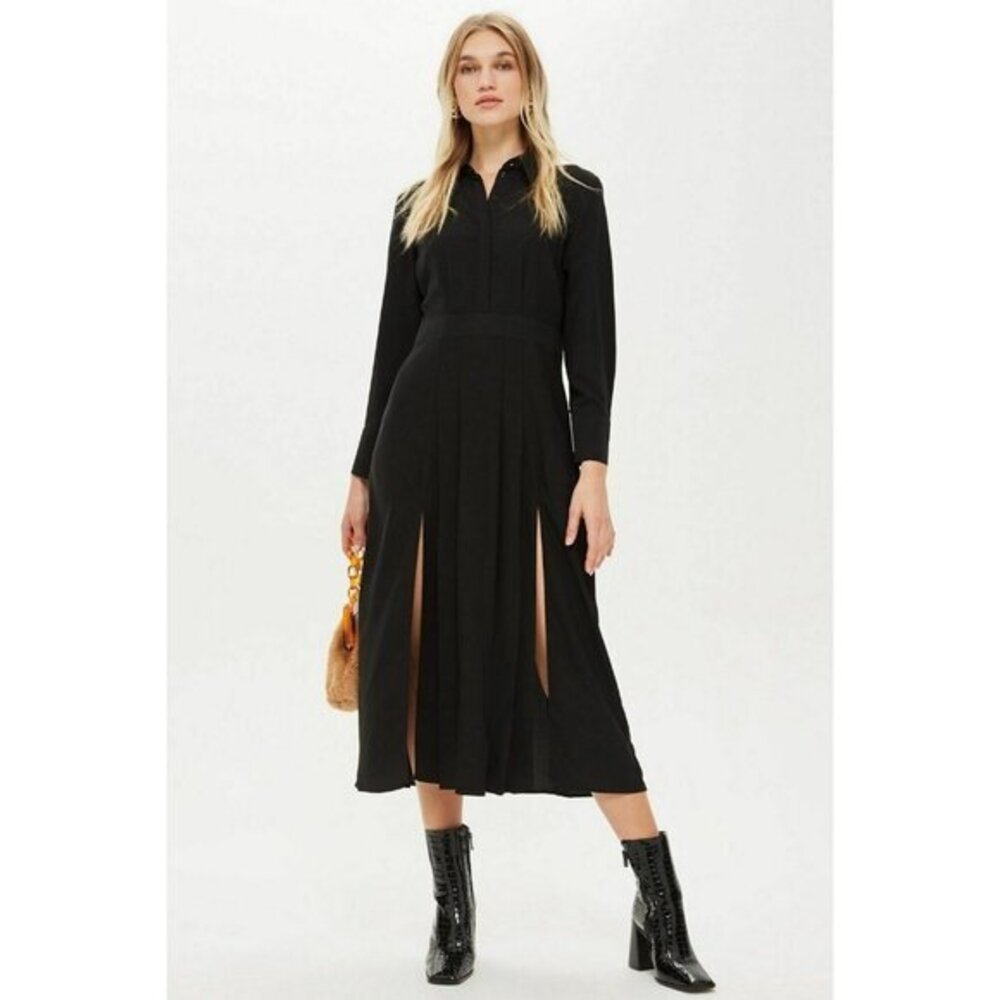 TOPSHOP Black Dress Pleated Midi Button Down Casual Long Sleeve SZ 4 NEW